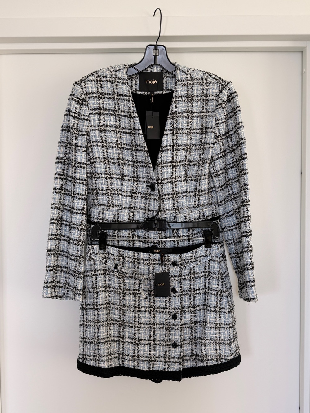 New Maje Light Blue Tweed Blazer Jacket and Skirt Set - Size 38